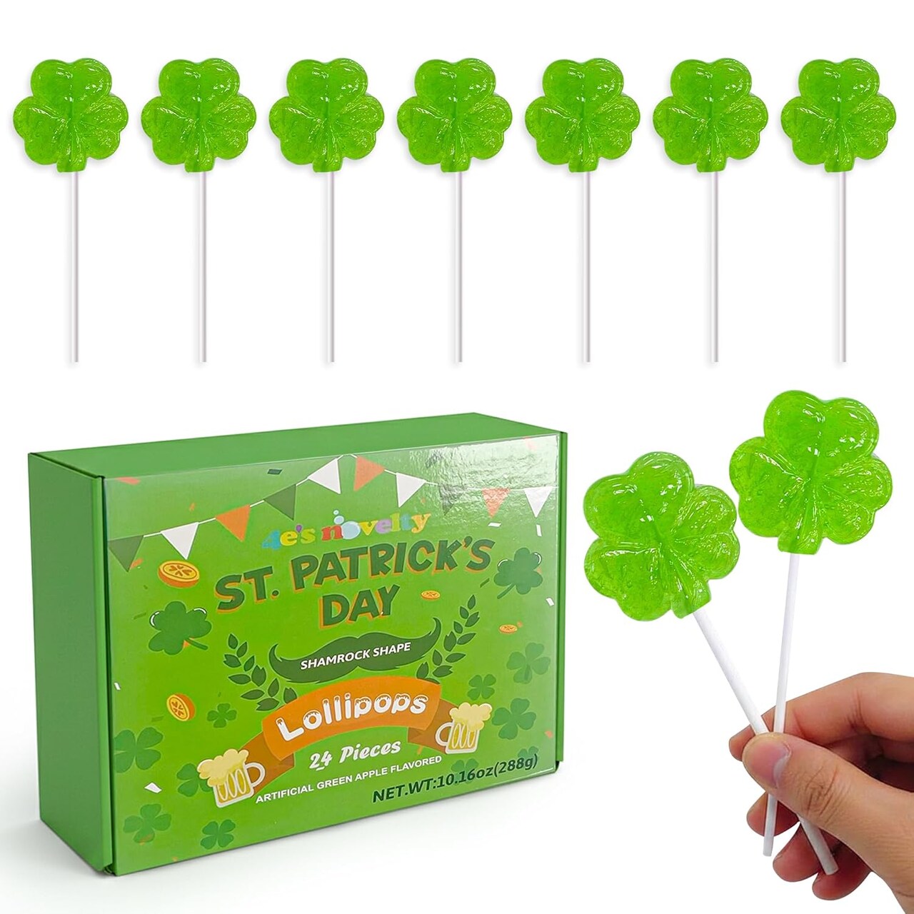 4E's Novelty 24 Pack St. Patrick's Day Shamrock Lollipops, Artificial Green Apple Flavor Shamrock Shape Candies, Individually Wrapped St Patricks Lollipops Party Favors, Fun St Patty's Day Candy